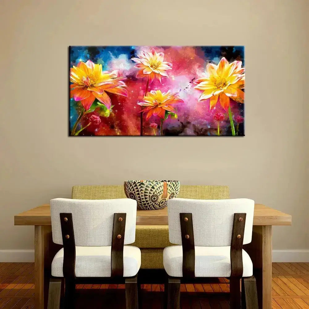 Elegant Panoramic Canvas Painting Showcasing Beautiful Flowers AdPrints