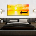 Elegant Panoramic Canvas Painting Showcasing a Tranquil Sunset and Rowboat AdPrints