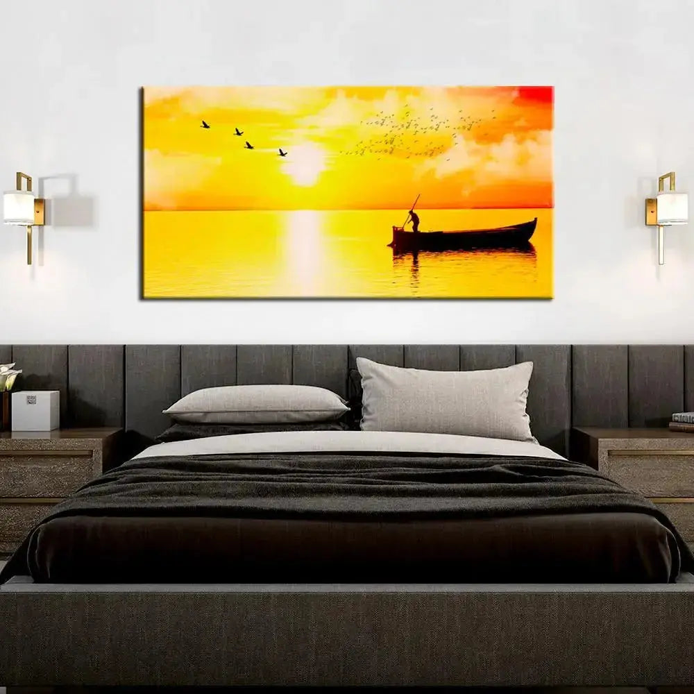 Elegant Panoramic Canvas Painting Showcasing a Tranquil Sunset and Rowboat AdPrints