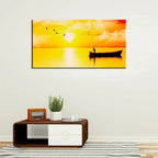 Elegant Panoramic Canvas Painting Showcasing a Tranquil Sunset and Rowboat AdPrints