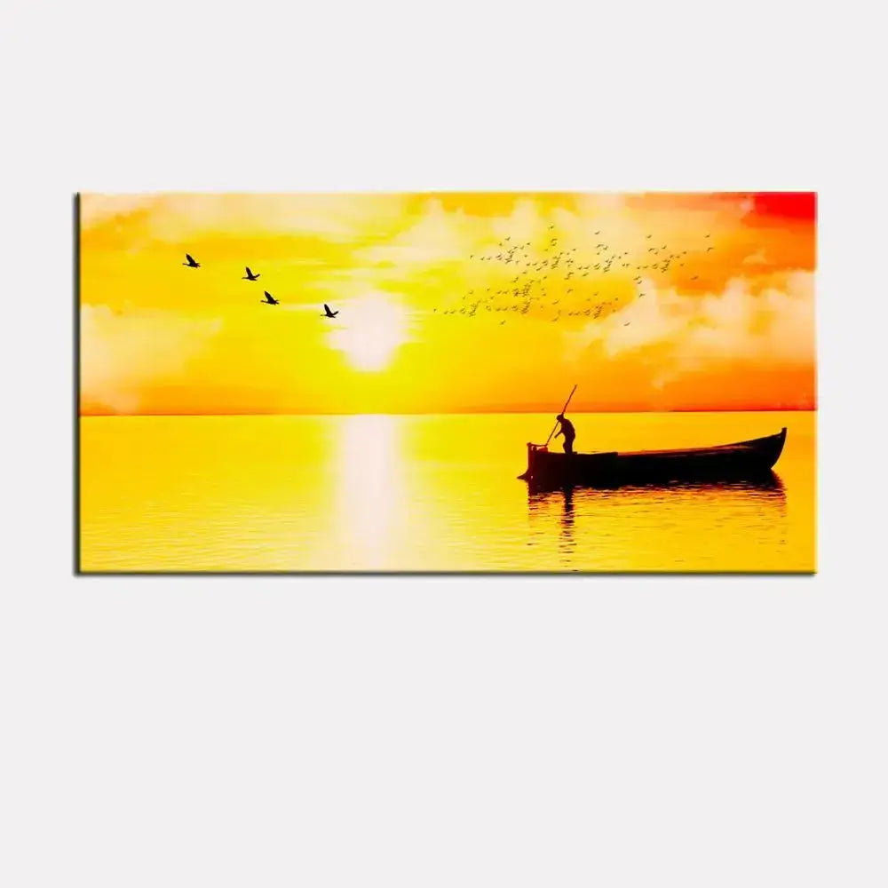 Elegant Panoramic Canvas Painting Showcasing a Tranquil Sunset and Rowboat AdPrints