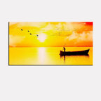 Elegant Panoramic Canvas Painting Showcasing a Tranquil Sunset and Rowboat AdPrints
