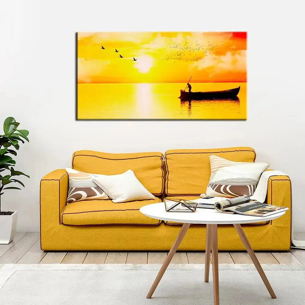 Elegant Panoramic Canvas Painting Showcasing a Tranquil Sunset and Rowboat AdPrints