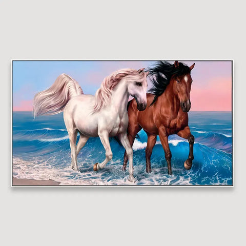 Elegant Panoramic Canvas Painting Showcasing Two Running Horses