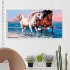 Elegant Panoramic Canvas Painting Showcasing Two Running Horses AdPrints
