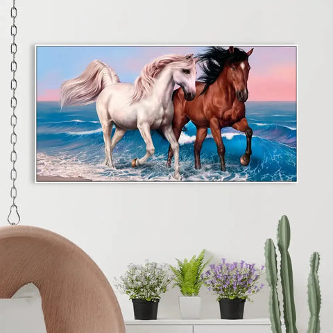 Elegant Panoramic Canvas Painting Showcasing Two Running Horses