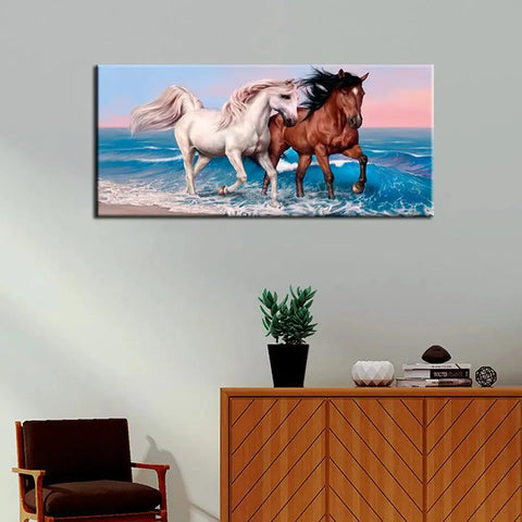 Elegant Panoramic Canvas Painting Showcasing Two Running Horses