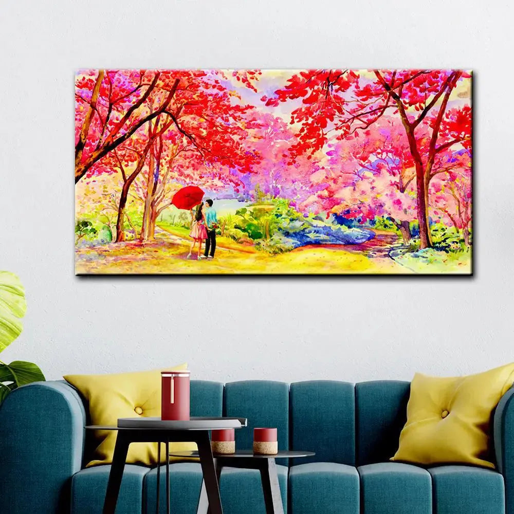 Canvas Printed Painting of a Couple in a Beautiful Autumn Garden
