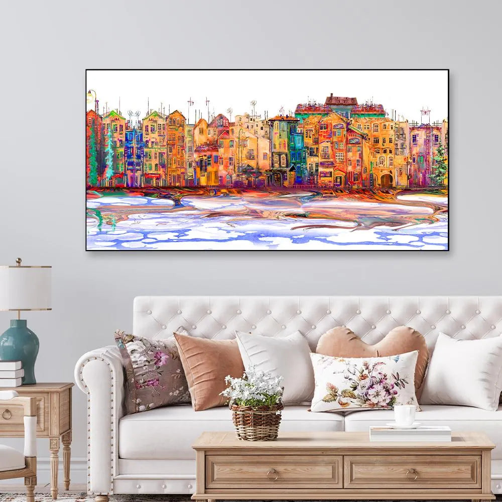 Colorful Isolated Town in a Panoramic Framed Wall Painting