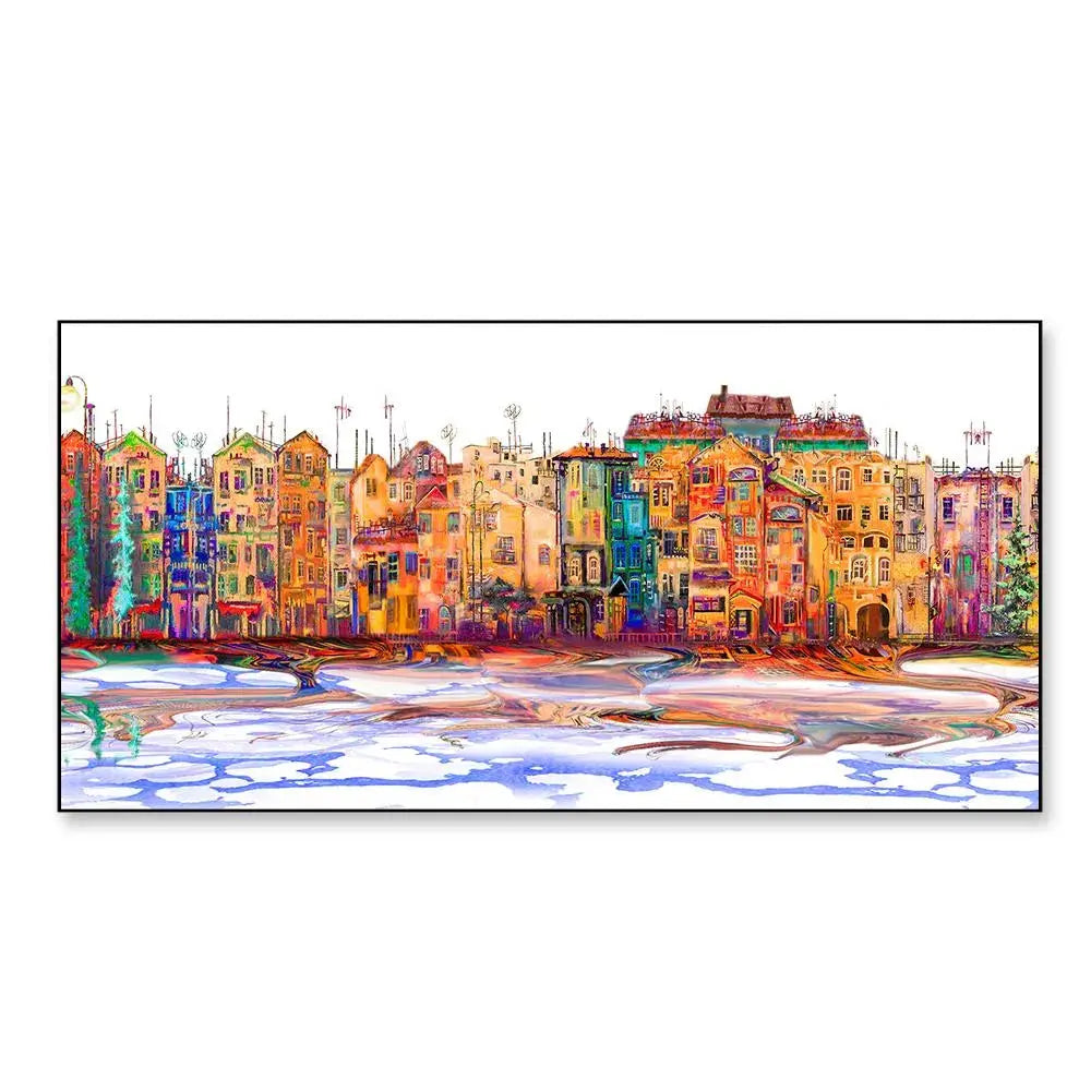 Colorful Isolated Town in a Panoramic Framed Wall Painting DECORMANTRA