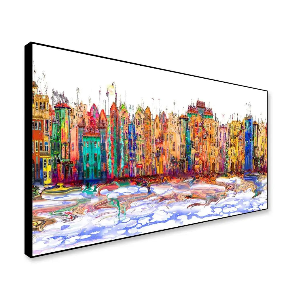 Colorful Isolated Town in a Panoramic Framed Wall Painting DECORMANTRA