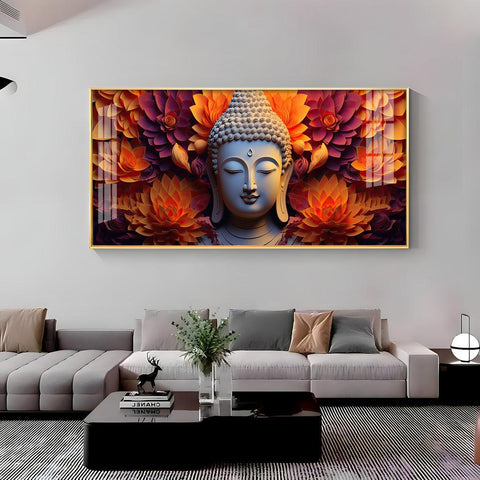 Buddha with Blooming Flower in Premium Acrylic Horizontal Wall Art - Decor Mantra 
