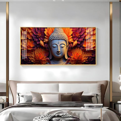 Buddha with Blooming Flower in Premium Acrylic Horizontal Wall Art - Decor Mantra 