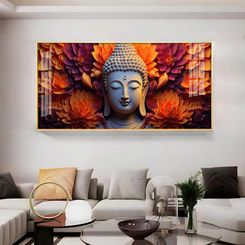Buddha with Blooming Flower in Premium Acrylic Horizontal Wall Art - Decor Mantra 