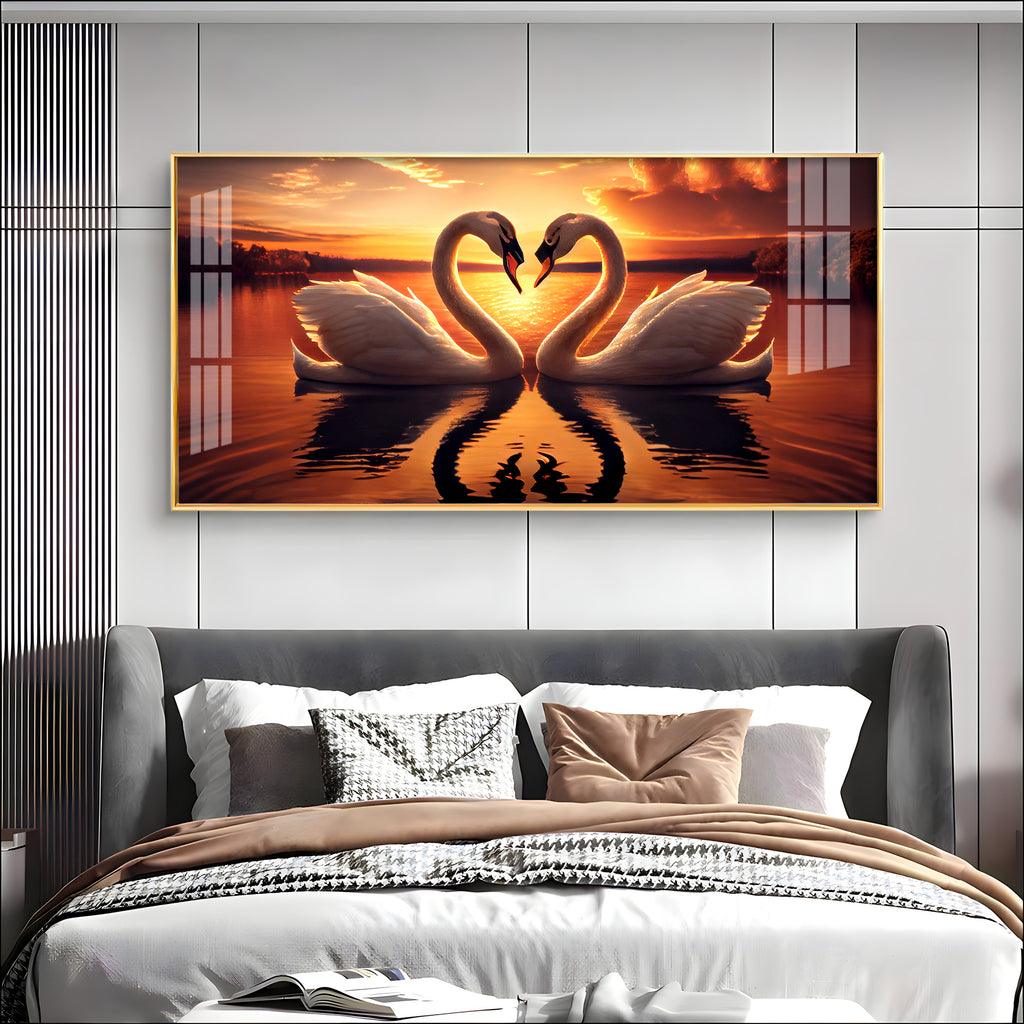 Loving Swan in Sunset in Premium Acrylic Horizontal Wall Art - Decor Mantra 