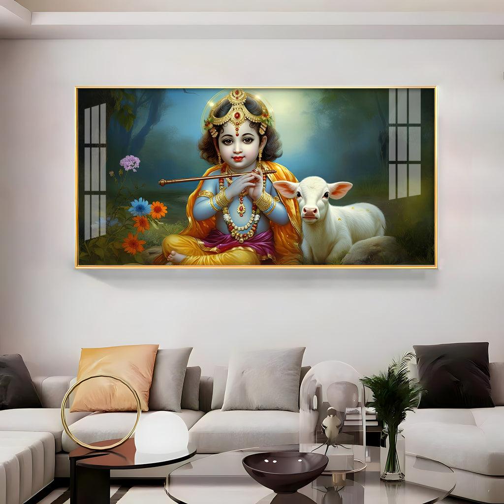 Horizontal Wall Art with Little Krishna, Bansuri & Cow in Premium Acrylic - Decor Mantra 