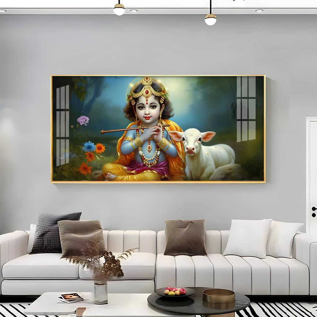 Horizontal Wall Art with Little Krishna, Bansuri & Cow in Premium Acrylic - Decor Mantra 