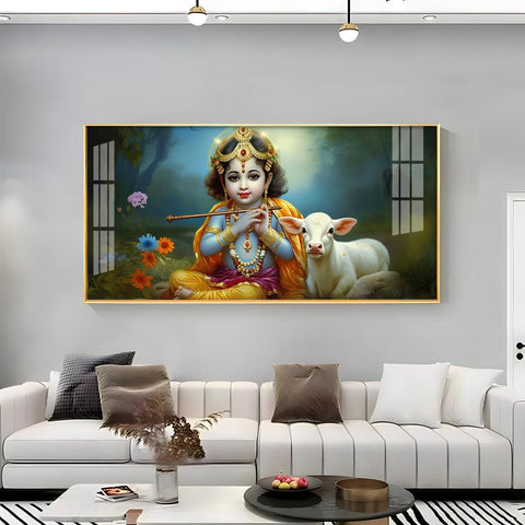 Horizontal Wall Art with Little Krishna, Bansuri & Cow in Premium Acrylic - Decor Mantra 