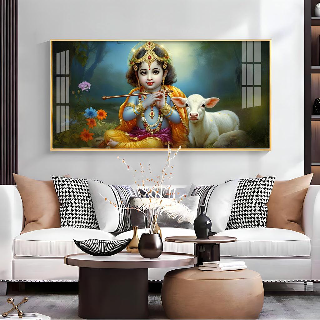 Horizontal Wall Art with Little Krishna, Bansuri & Cow in Premium Acrylic - Decor Mantra 