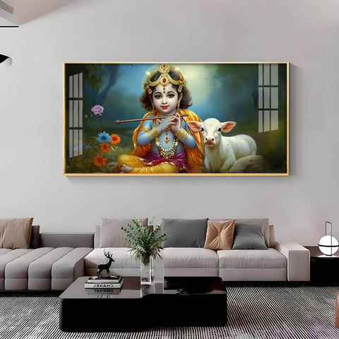 Horizontal Wall Art with Little Krishna, Bansuri & Cow in Premium Acrylic - Decor Mantra 