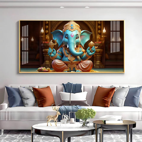 Lord Ganesha Holding Shell Horizontal Acrylic Premium Wall Art - Decor Mantra 