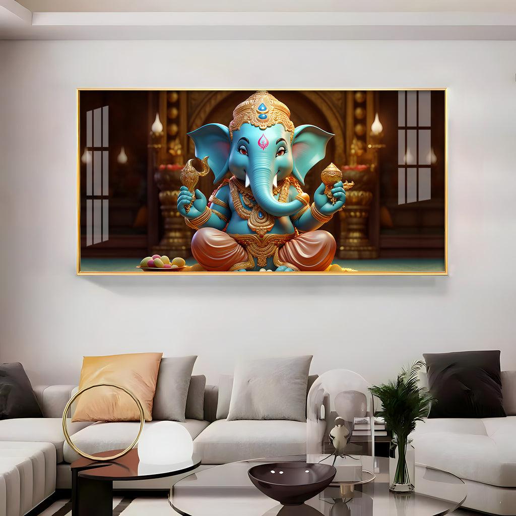 Lord Ganesha Holding Shell Horizontal Acrylic Premium Wall Art - Decor Mantra 