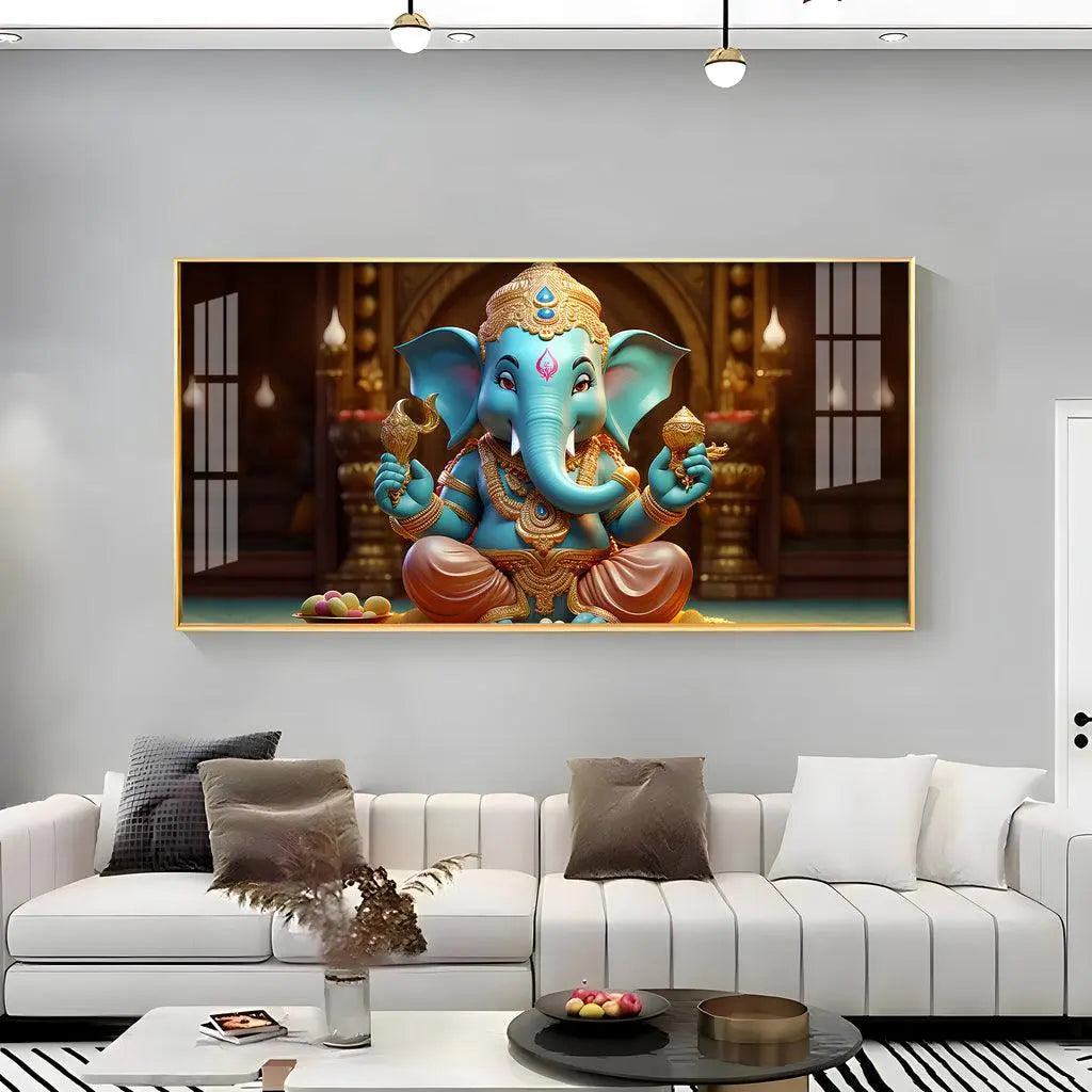 Lord Ganesha Holding Shell Horizontal Acrylic Premium Wall Art - Decor Mantra 