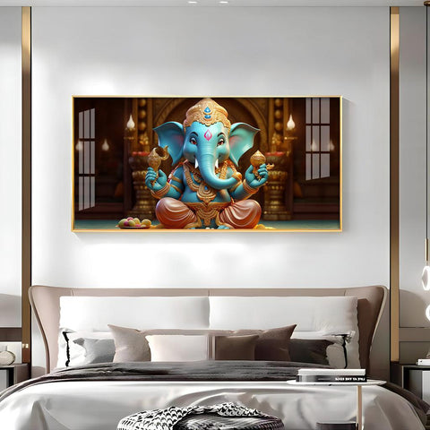 Lord Ganesha Holding Shell Horizontal Acrylic Premium Wall Art - Decor Mantra 