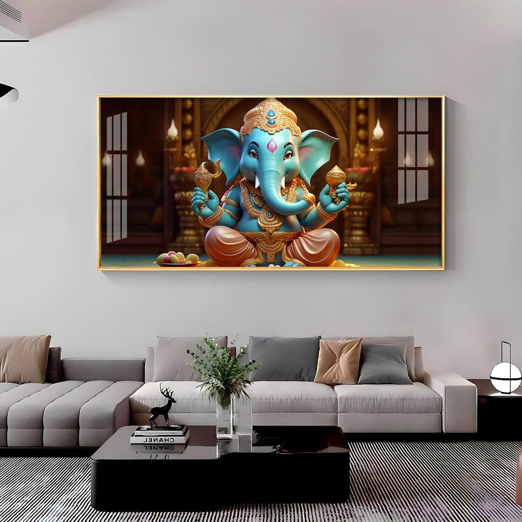 Lord Ganesha Holding Shell Horizontal Acrylic Premium Wall Art - Decor Mantra 