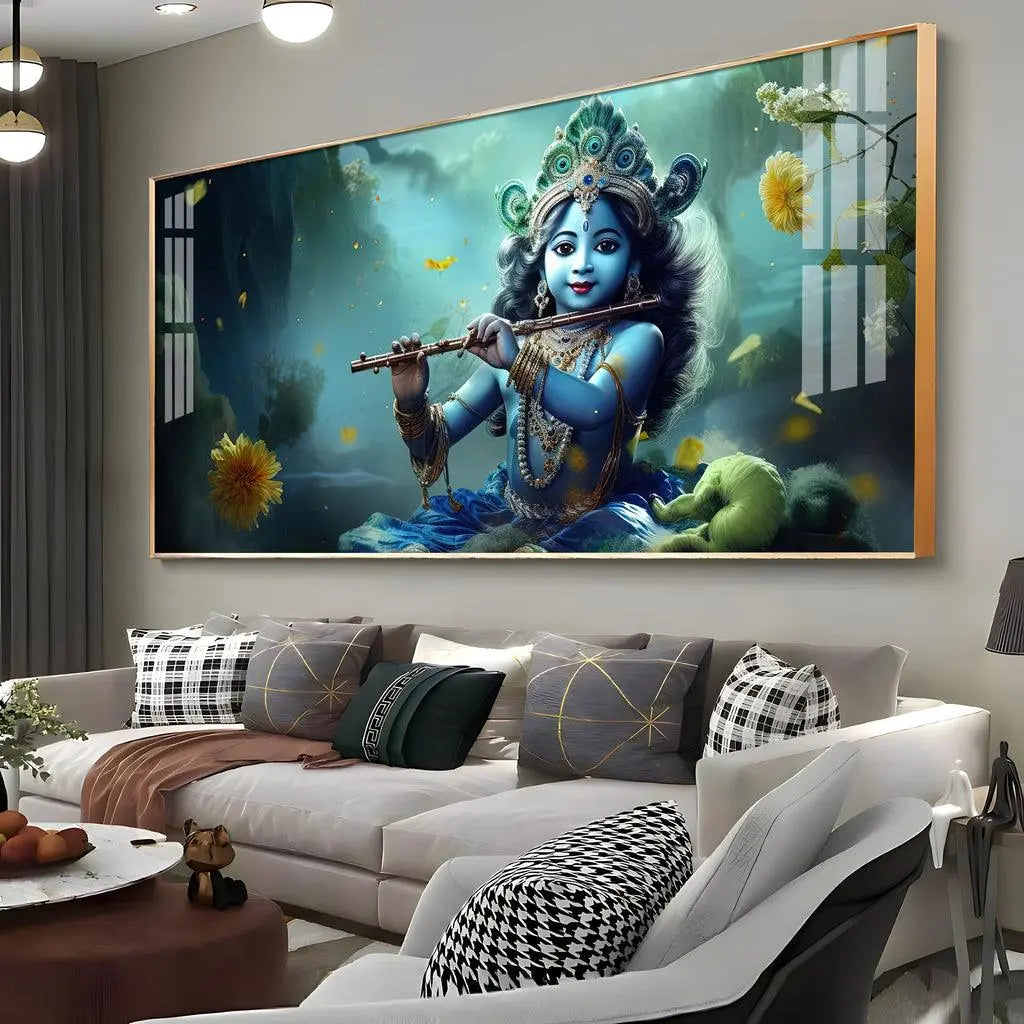 Little Krishna with Crown Premium Acrylic Horizontal Wall Art - Decor Mantra 