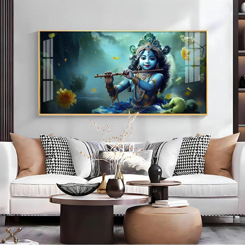 Little Krishna with Crown Premium Acrylic Horizontal Wall Art - Decor Mantra 