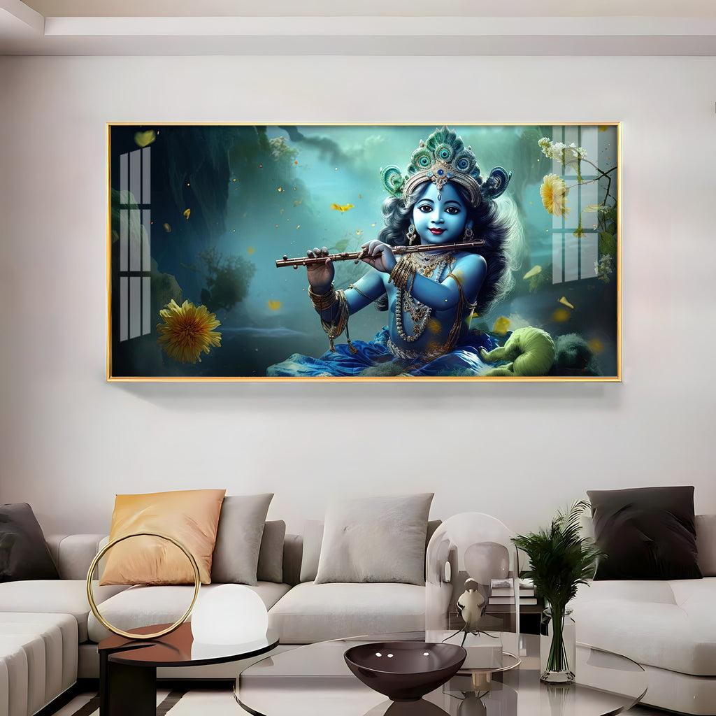 Little Krishna with Crown Premium Acrylic Horizontal Wall Art - Decor Mantra 