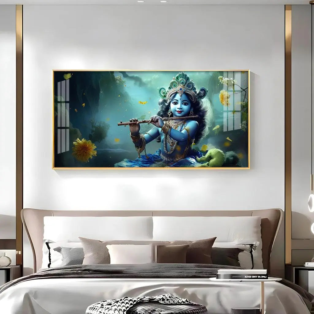 Little Krishna with Crown Premium Acrylic Horizontal Wall Art - Decor Mantra 
