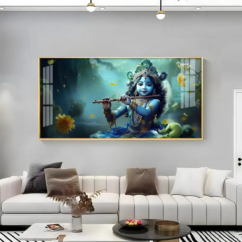 Little Krishna with Crown Premium Acrylic Horizontal Wall Art - Decor Mantra 