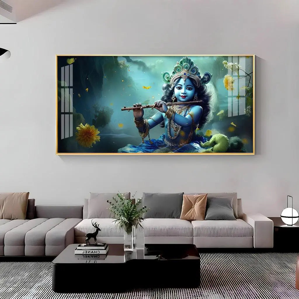 Little Krishna with Crown Premium Acrylic Horizontal Wall Art - Decor Mantra 