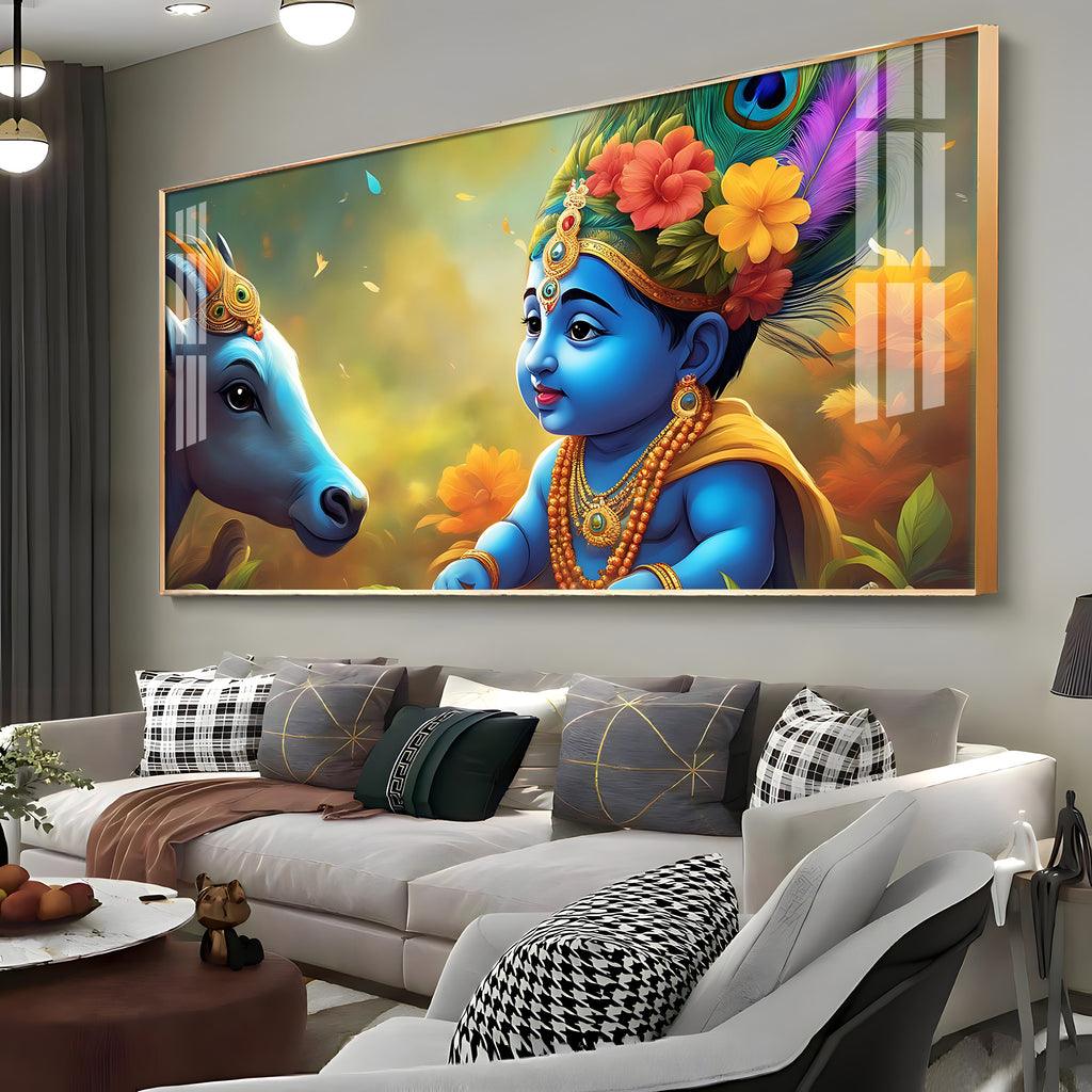 Little Krishna and Cheerful Cow Premium Acrylic Horizontal Wall Art - Decor Mantra 