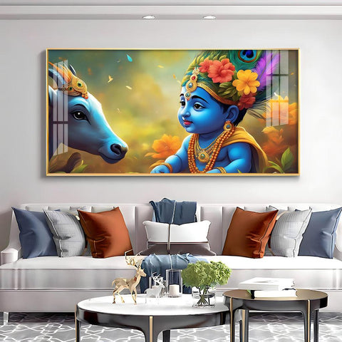 Little Krishna and Cheerful Cow Premium Acrylic Horizontal Wall Art - Decor Mantra 
