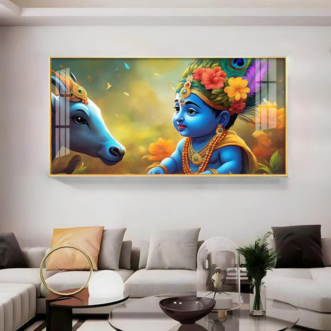Little Krishna and Cheerful Cow Premium Acrylic Horizontal Wall Art - Decor Mantra 