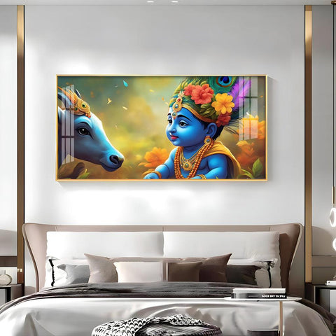 Little Krishna and Cheerful Cow Premium Acrylic Horizontal Wall Art - Decor Mantra 