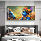 Little Krishna and Cheerful Cow Premium Acrylic Horizontal Wall Art - Decor Mantra 