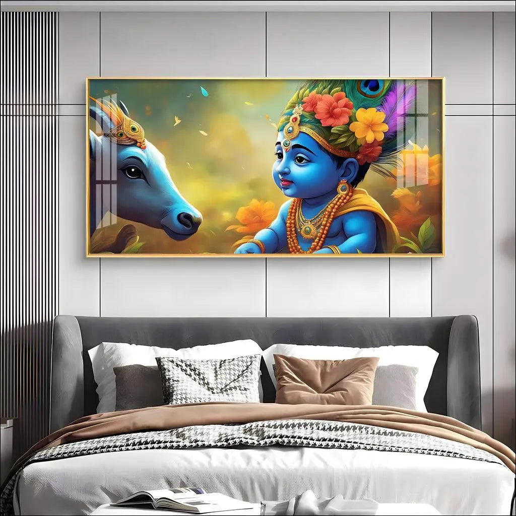 Little Krishna and Cheerful Cow Premium Acrylic Horizontal Wall Art - Decor Mantra 