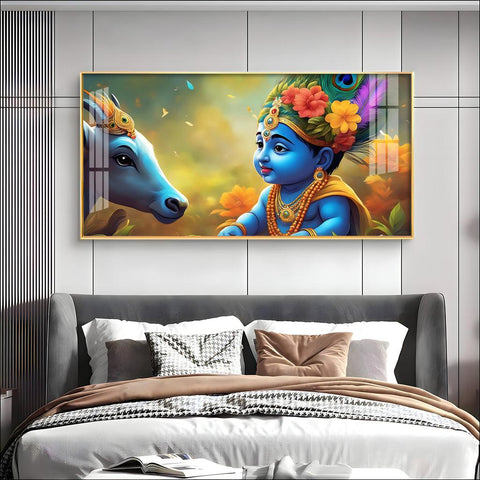 Little Krishna and Cheerful Cow Premium Acrylic Horizontal Wall Art - Decor Mantra 