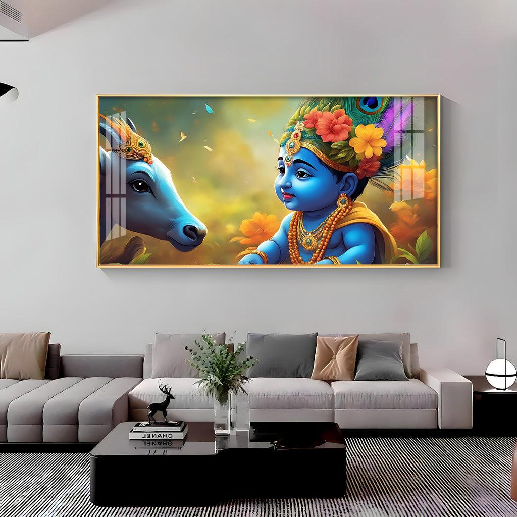 Little Krishna and Cheerful Cow Premium Acrylic Horizontal Wall Art - Decor Mantra 