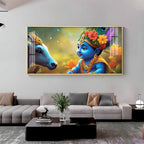 Little Krishna and Cheerful Cow Premium Acrylic Horizontal Wall Art - Decor Mantra 