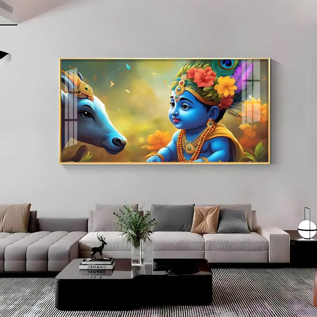 Little Krishna and Cheerful Cow Premium Acrylic Horizontal Wall Art - Decor Mantra 