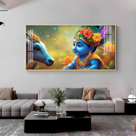 Little Krishna and Cheerful Cow Premium Acrylic Horizontal Wall Art - Decor Mantra 