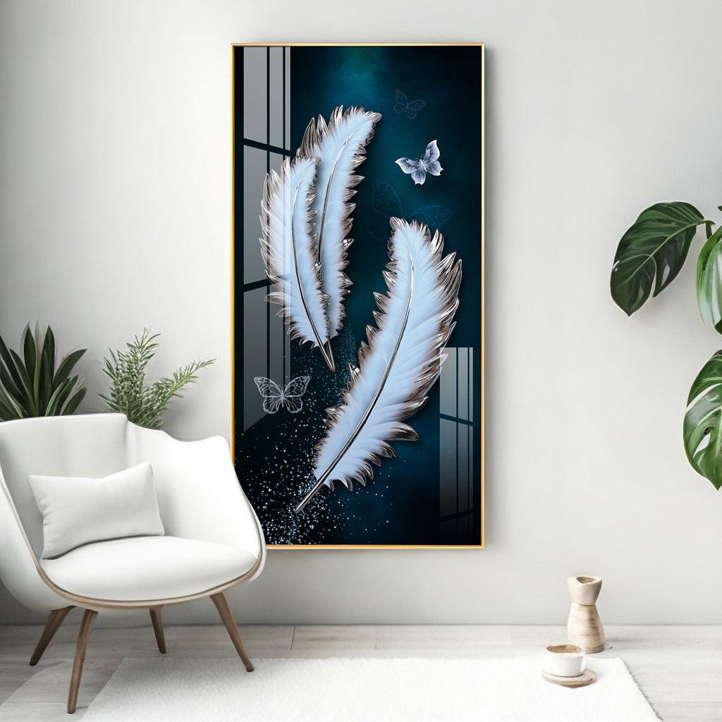 Magical Feathers with Butterfly Premium Vertical Acrylic Wall Art - Decor Mantra 