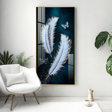 Magical Feathers with Butterfly Premium Vertical Acrylic Wall Art - Decor Mantra 