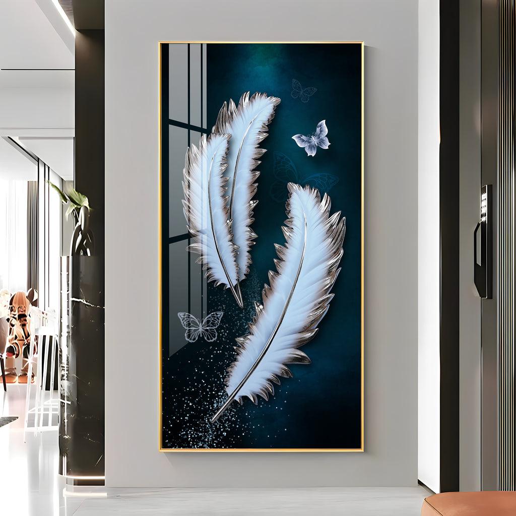Magical Feathers with Butterfly Premium Vertical Acrylic Wall Art - Decor Mantra 