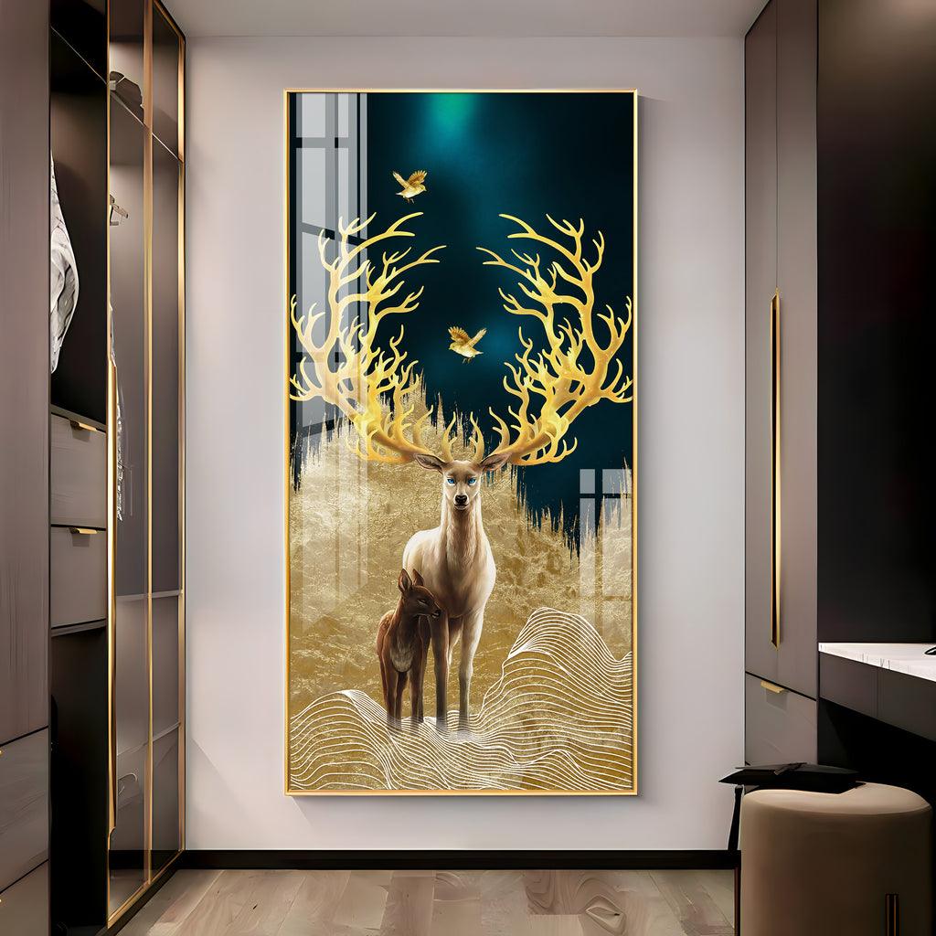 Graceful Deer with Golden Antlers Premium Acrylic Vertical Wall Art - Decor Mantra 